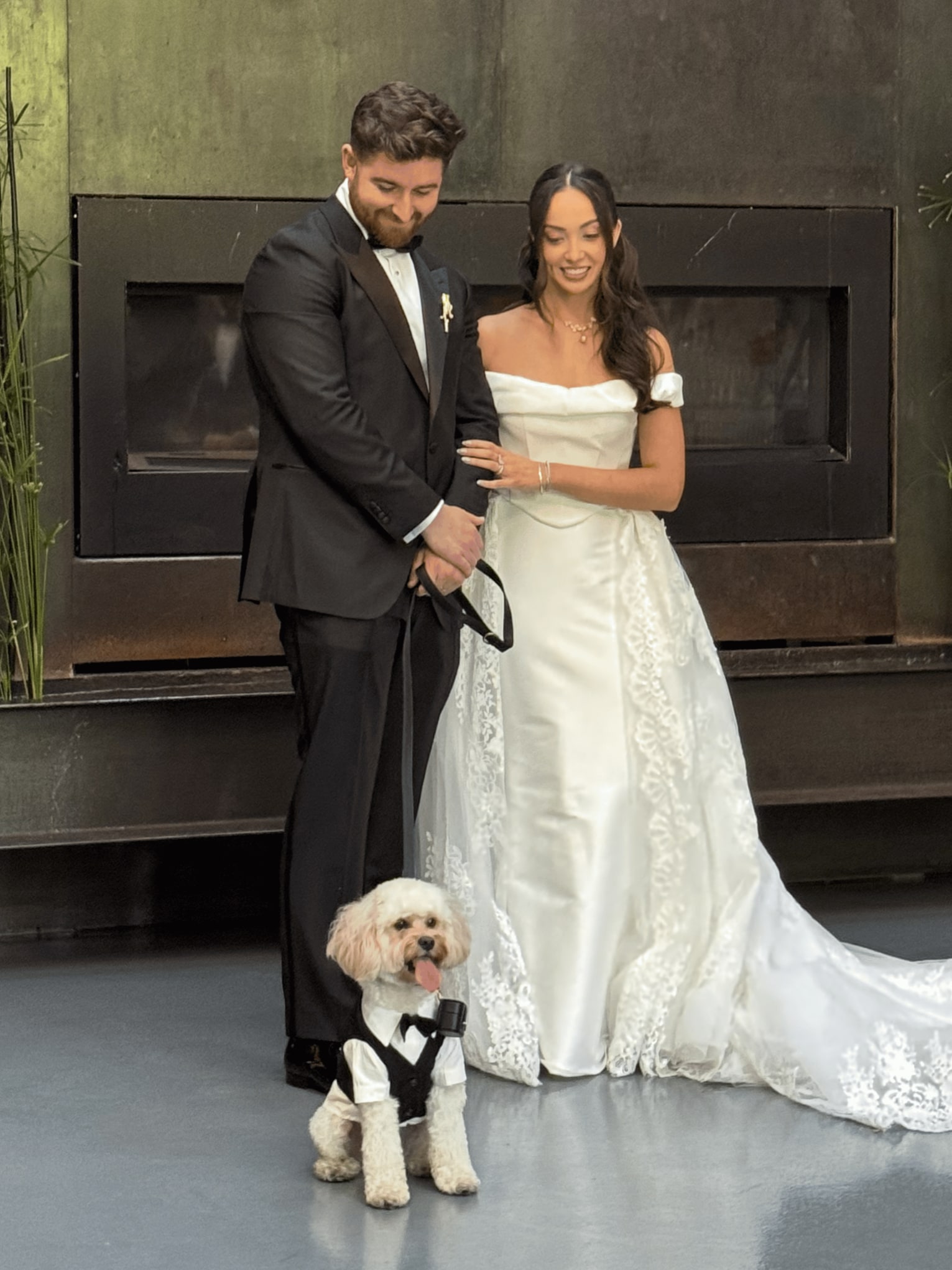 A couple standing before a dark fireplace while a cream cavapoo in a white shirt and black tuxedo vest sits at the groom's feet with his tongue out.